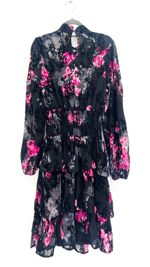 5-A2047 High Neck Black/Pink Floral Mini Dress