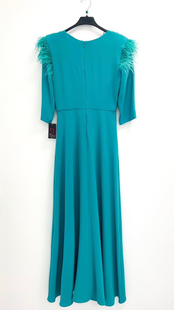 A2182 Turquoise Feather Trim Flare Dress