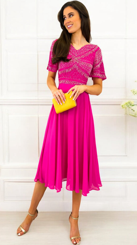 4-A1801 Kirby Pink Embellished Flare Dress