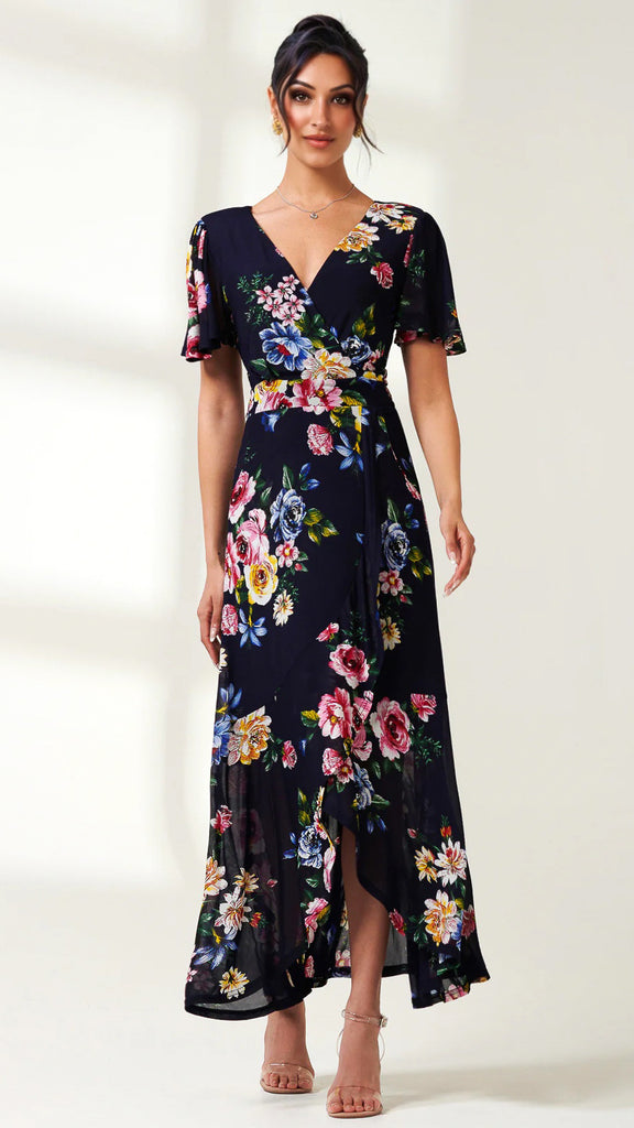 5-A2163 Navy Floral Dip Hem Frill Dress