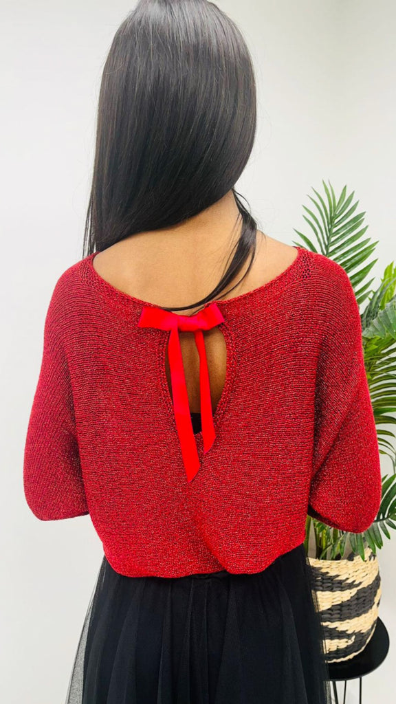 A2077 Red Lurex Fine Knit Bow Top