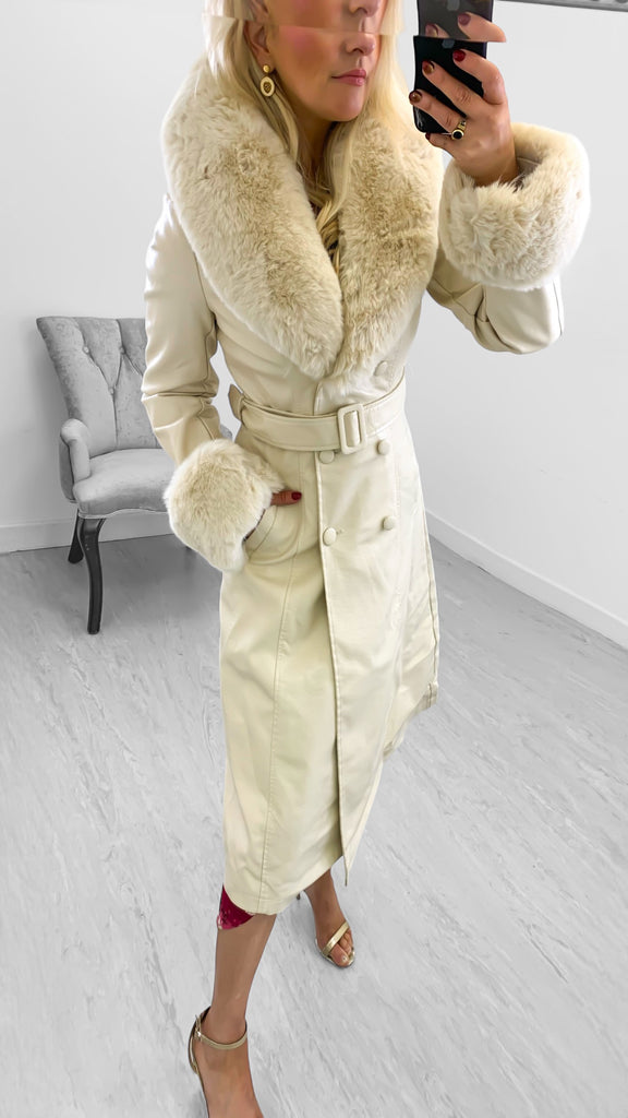 4-A1914 Beige Detachable Fur Luxury Coat