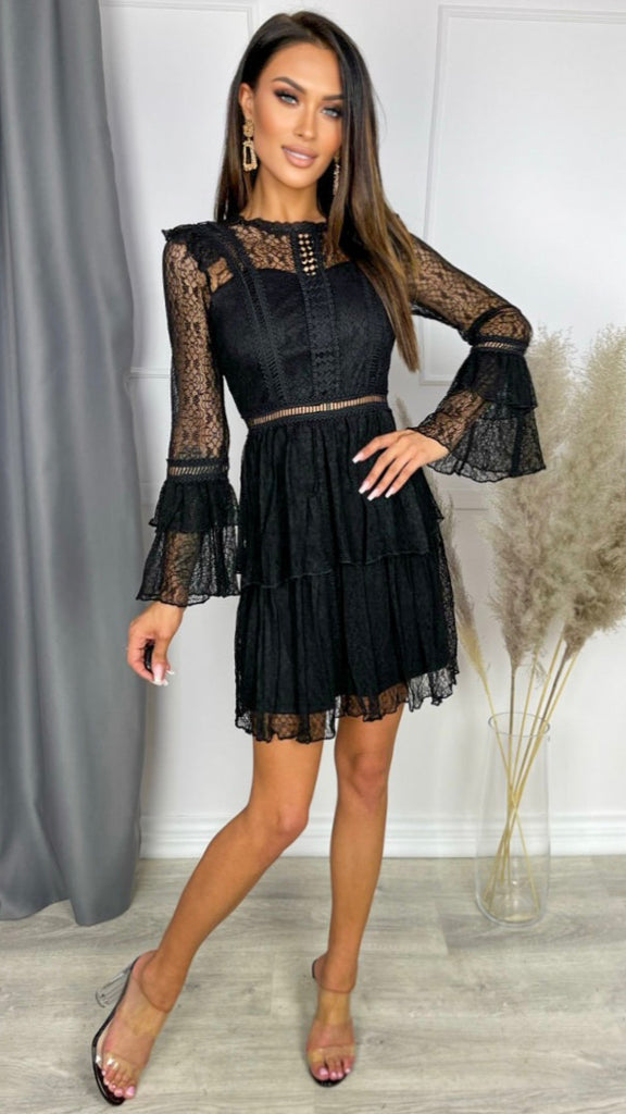 A1866 Carroll Black Lace Short Tiered Dress