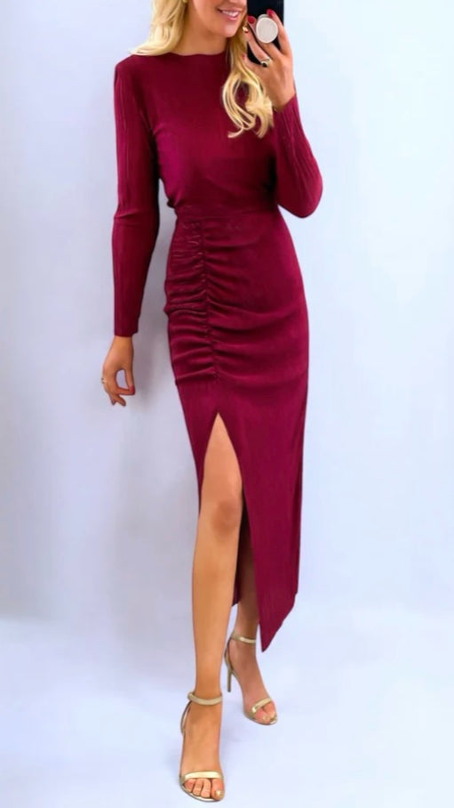 A2080 Sleeved Wine Elena Ruched Dress