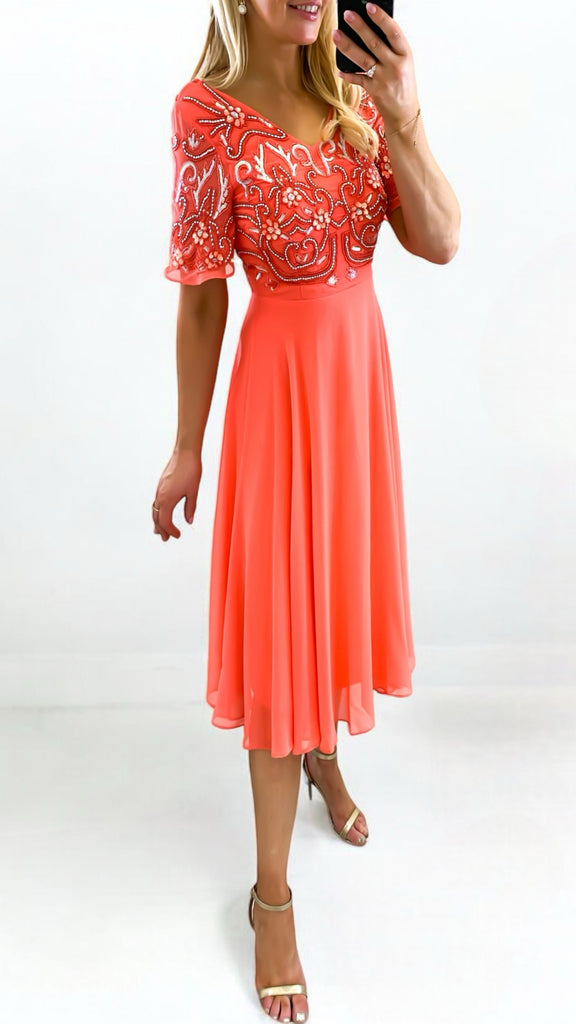 5-A1807 Coral Embellished Flare Dress