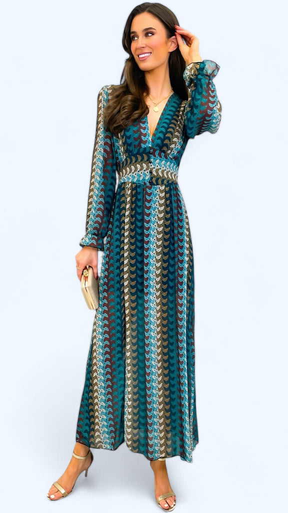 A1884 Dilys Teal Print Midi Dress