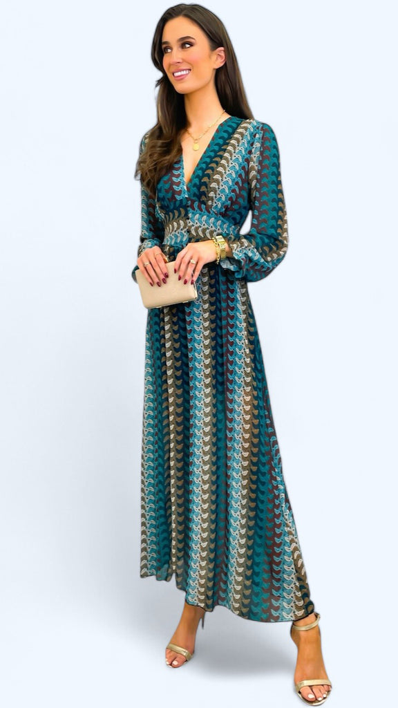 A1884 Dilys Teal Print Midi Dress